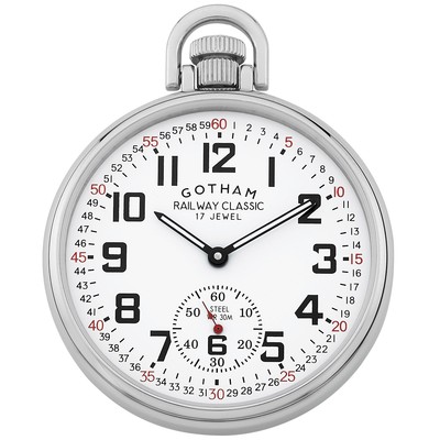 Gotham Men's Stainless Steel Mechanical Hand Wind Railroad Style Pocket Watch