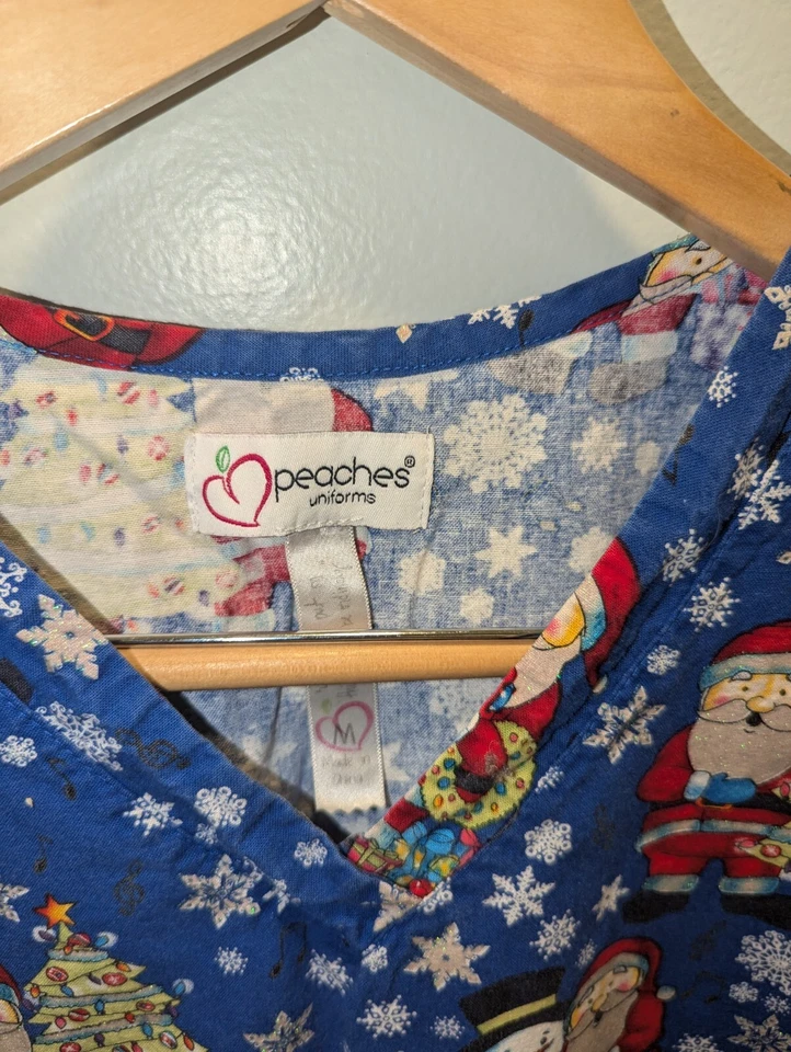 Peaches Uniform Scrub Top M Christmas Santa Trees Sparkles Blue - Image 2 of 4