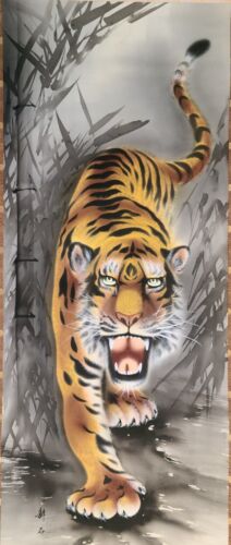 Tiger came out of the bamboo wood /Kyung Suk /Gold & Color on Silk/W:16" H42" - Picture 4 of 6