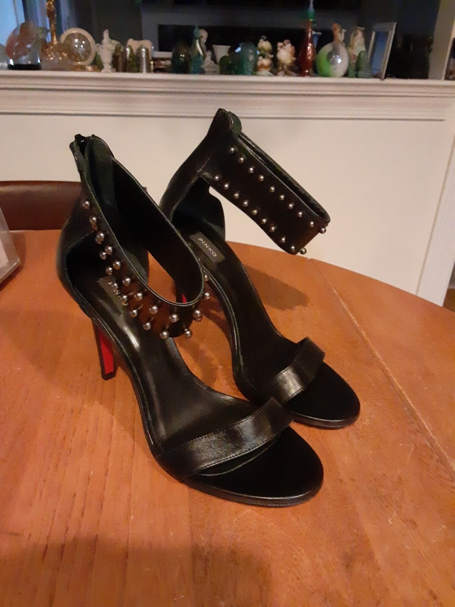 Pinko Italy Black Leather Stud Strap High Heel Sandal