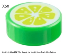 Lego 50 Pieces Friends Bright Green Round 1x1 Tile with Lime Fruit Slice Pattern