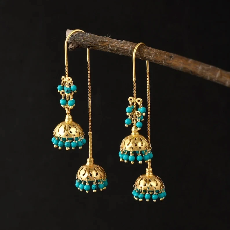 925 Sterling Silver Turquoise Jhumki Sui Dhaga Threader earring