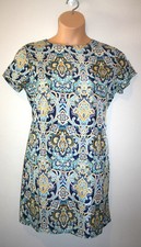 NEW Womens BOOHOO Navy Blue Jacquard Print Short Sleeve Shift Dress 8 Medium M 