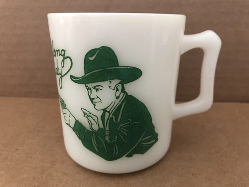 Vintage HOPALONG CASSIDY Milk Glass Coffee Mug Cup GREEN Cowboy Western Scene