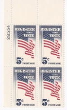 STAMP US SCOTT 1249 "Register Vote" 5 CENT 1964 MNH PB OF 4 UL - B