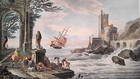 Rare grande gravure paysage "l'entrée d'une ville maritime" Lallemant & Le Veau