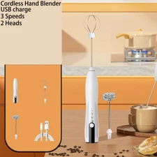 Electric USB Milk Frother Double Whisk Handheld Coffee Foam Mixer White