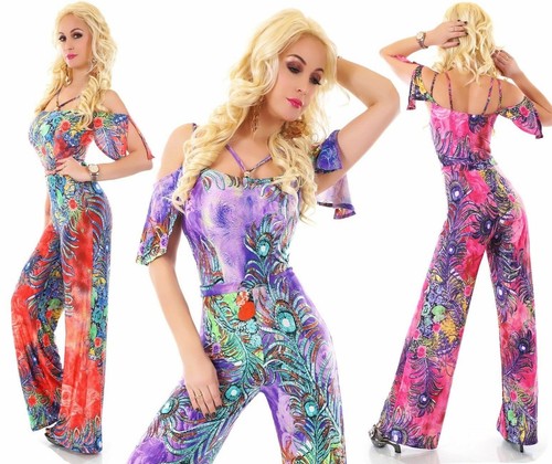Tuta elegante donna overall intera jumpsuit pantalone palazzo vestito  fantasia | eBay