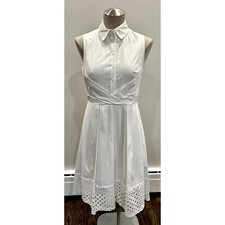 Eliza J Collared Button Down Dress with Lattice Hem in White Size 4