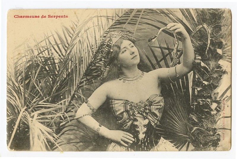 c 1910 Glamor Pretty Young LADY SNAKE CHARMER French photo postcard