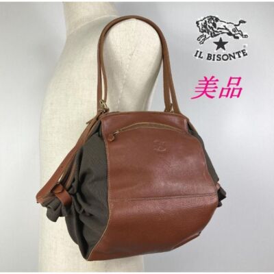 IL BISONTE Leather Tote Bag Shoulder Bag Brown Made in Italy 28×30×10cm