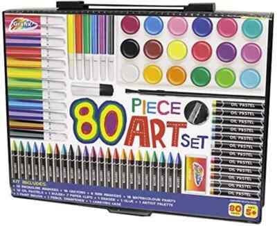 80 teiliges Kinder Kunst Set & Geschenketui Farben Buntstifte Pastellstifte Grafix Kids