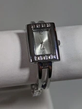 Silver Tone Dial Crystal Accent Rectangle Case Link Bracelet Band Watch 7.5 Inch