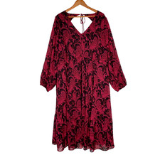 Torrid Womens Dress 3X Red Black Paisley Clip Dot Tea Length Midi Open Back NEW