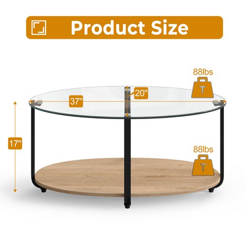 Glass-Top Coffee Table 2-Tier Modern Oval Side Sofa Table w/ Storage Shelf - Picture 2 of 10