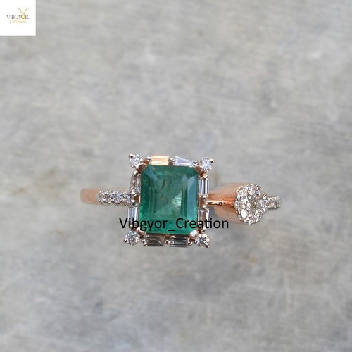 14k Gold VS/SI Brilliant Cut Baguette Pave Diamond Ring Colombian Emerald Ring