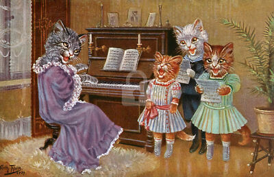Arthur Thiele Cats, Three kittens singing, Mom on piano *Art Repro Postcard*