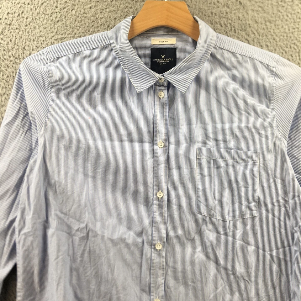 Camisa de vestir con botones Americal Eagle para mujer grande azul a rayas manga larga Foto 2 de 4