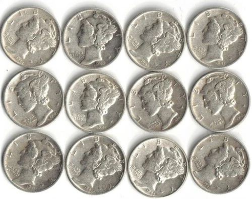 Mercury Dimes Lot of 12 90% Silver - 1940's  [10A]
