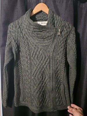 Aran Mor Assymetrical Side Zip Cardigan Fisherman Green Merino Wool Womens Sz M