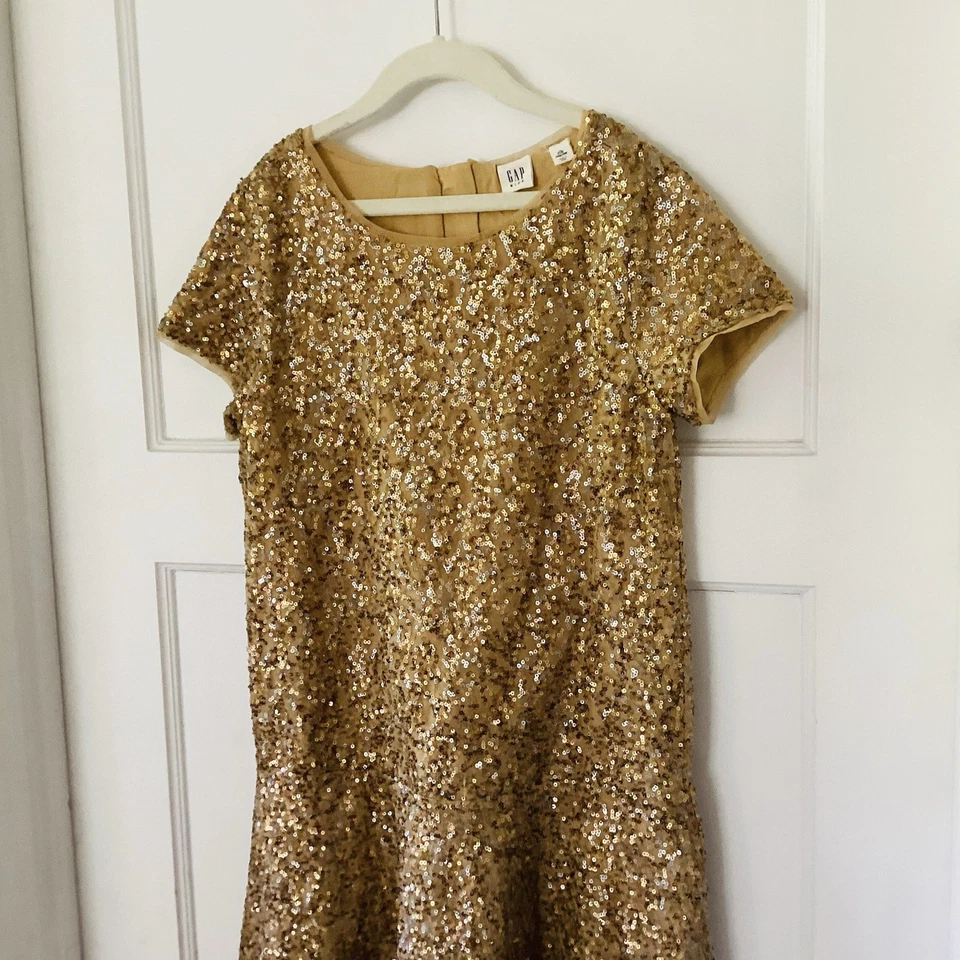 Vestido Gap Dorado Lentejuelas Cintura Caída Niñas Talla XL 12 Formal Fiesta Boda Verano Foto 3 de 4
