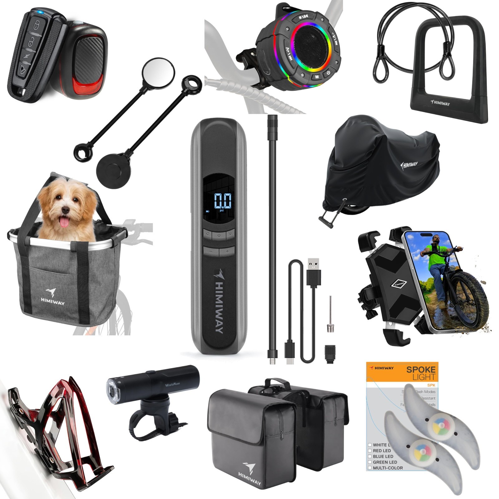 Himiway 12 in 1 Bicycle Accessories Pack Include Lock Bag Speaker Pump Cover etc