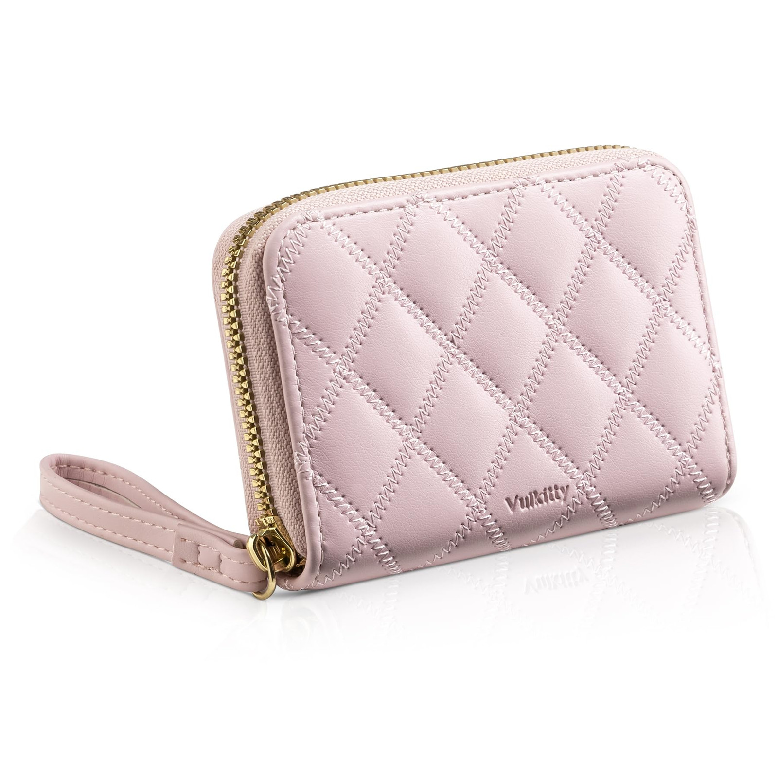 RFID-Blocking Leather Card Holder for Women - Compact Zipper Wallet with Quilted Design