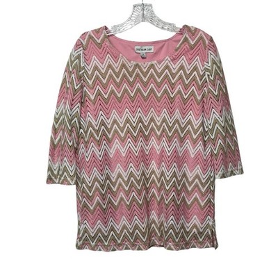 Southern Lady Pink White Tan Chevron Knit 3/4 Sleeve Top Women's Size S