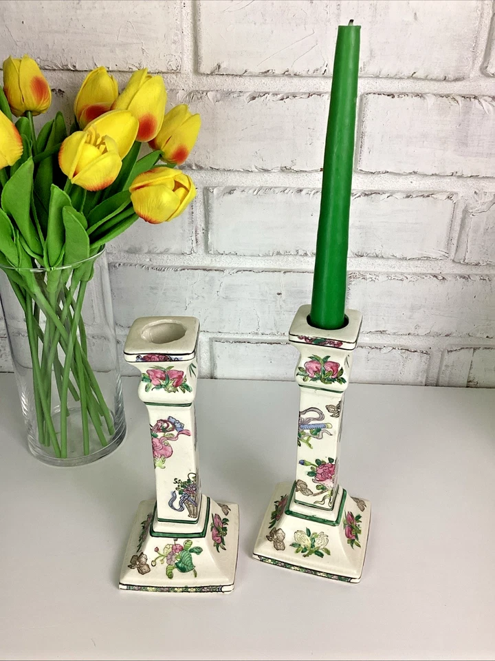 Candle Stick Holders Porcelain Raised Floral Design 7.25” Tall Set of 2 - Image 3 of 4