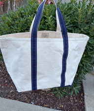 VTG L.L Bean Boat And Tote Large Canvas Bag White USA Made Blue