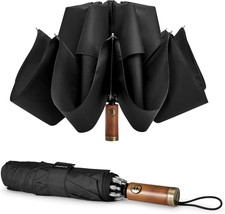 54 Inch Inverted Windproof Umbrella with Wooden Handle, Large Double Canopy Auto