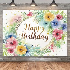 Flower Happy Birthday Backdrop for Women, Watercolor 7x5ft,