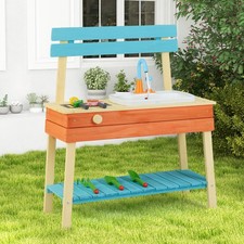 Kids Play Kitchen Set Wooden Kitchen Playset Chef Pretend Mud Kitchen Blue Toy