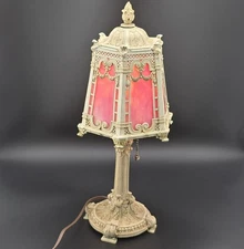 Antique Art Deco Pink Slag Glass Electric Boudoir Lamp Table 