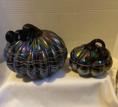 2 Hand blown Art Glass Iridescent Oil Slicked Pumpkins Black Ribbed Twirled Stem