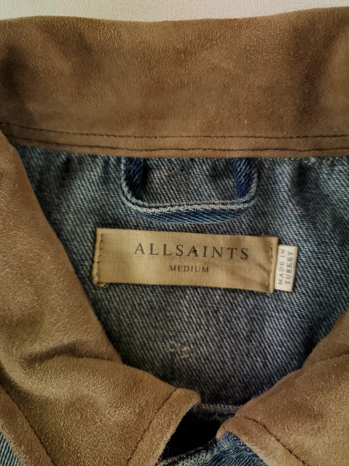 All Saints Jacket Denim Trucker Distressed Blue Suede Collar Mens M image 2