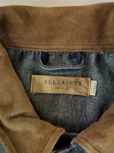 All Saints Jacket Denim Trucker Distressed Blue Suede Collar Mens M image 2