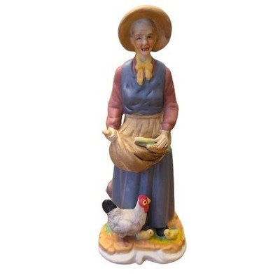 Vintage 7.5'' Ceramic Farm Woman Figurine Chickens Corn Harvest Rustic Decor Box