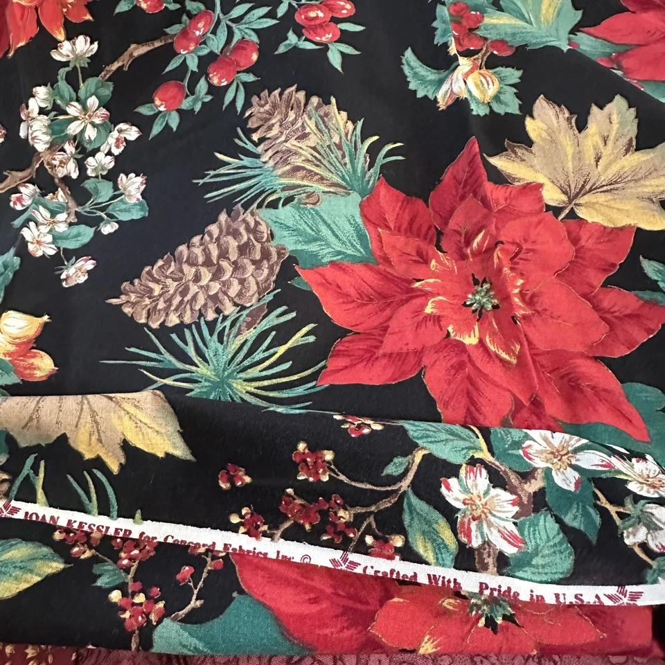 CHRISTMAS Fabric VTG 90's Poinsettia Pinecones Holly Berry Floral 2 Yards 42” W - Image 2 of 2