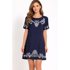 Lulus Navy Blue Embroidered Shift Mini Dress Size L Womens New Boho Floral