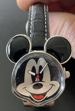 Disney Mickey Mouse Head Watch Women MCK677 Silver Tone Leather Needs Battery