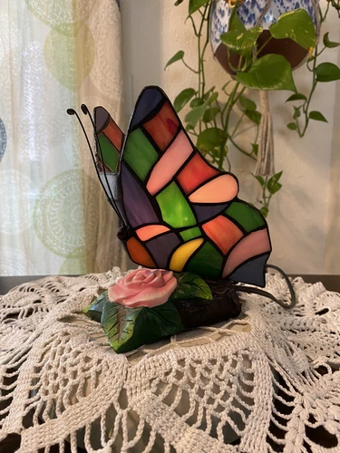 Vintage Butterfly Tiffany Style Stained Glass Table Accent Lamp Night Light