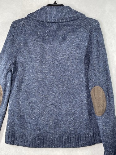 British Khaki Blue Wood Blend Sweater Faux Suede Elbow Patches Men's Large - Picture 4 of 6