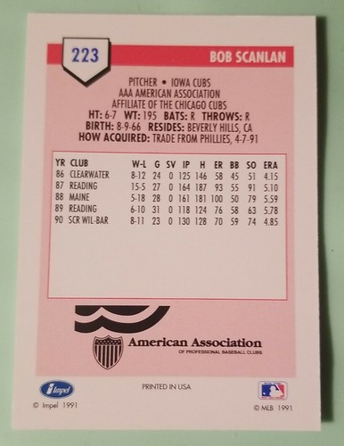 1991 Line Drive AAA #223 Bob Scanlan - Iowa Cubs - Picture 2 of 2