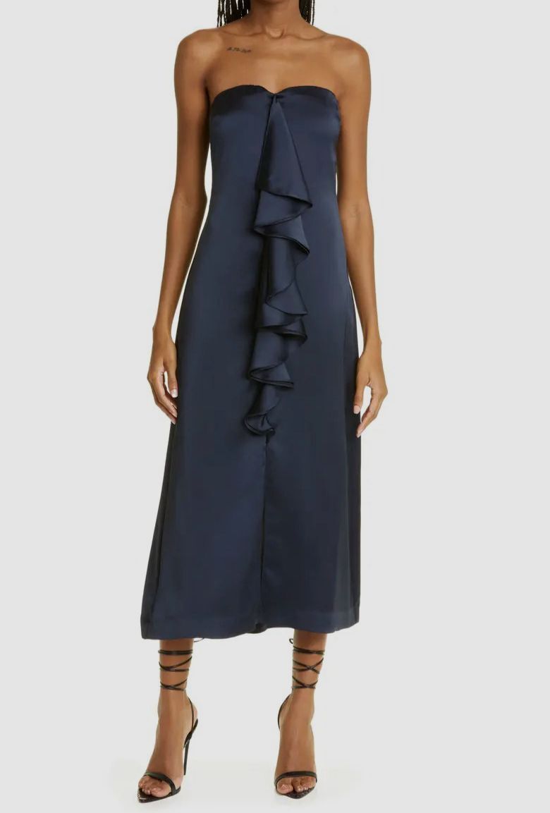 $595 Ramy Brook Women's Blue Satin Sweetheart Strapless Midi A-Line Dress Size 6