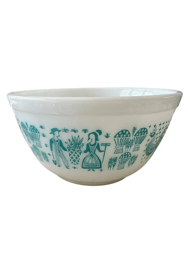 SET OF 2 PYREX BUTTERPRINT MIX. BOWL 401 & 402 WHITE+TURQUOISE BLUE AMISH DESIGN