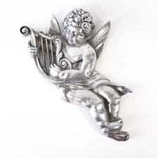 Angelic Cherub Angel Harp 16" Metal Hanging Wall Art Decor Sculpture Plaque Sign