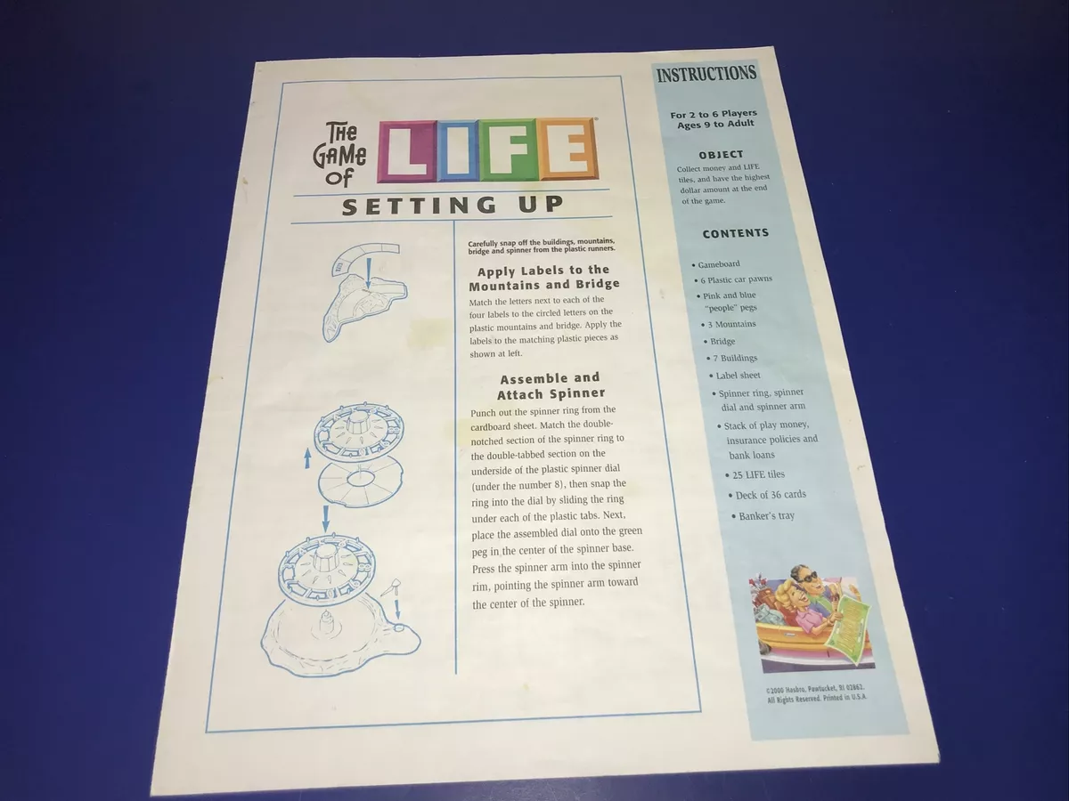 2000 The Game of Life Board Game Instructions Replacement directions