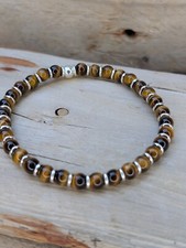 Mens bead bracelet Tigers Eye and Sterling Silver BOXED