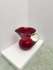 Amberina CRACKLE GLASS Pitcher 6" Pinched / Crimped top OPTIC Ribbed VINTAGE